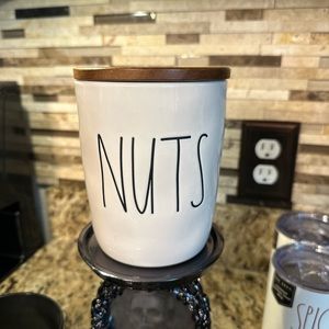 Rae Dunn white with black LL NUTS small cellar with wooden top.